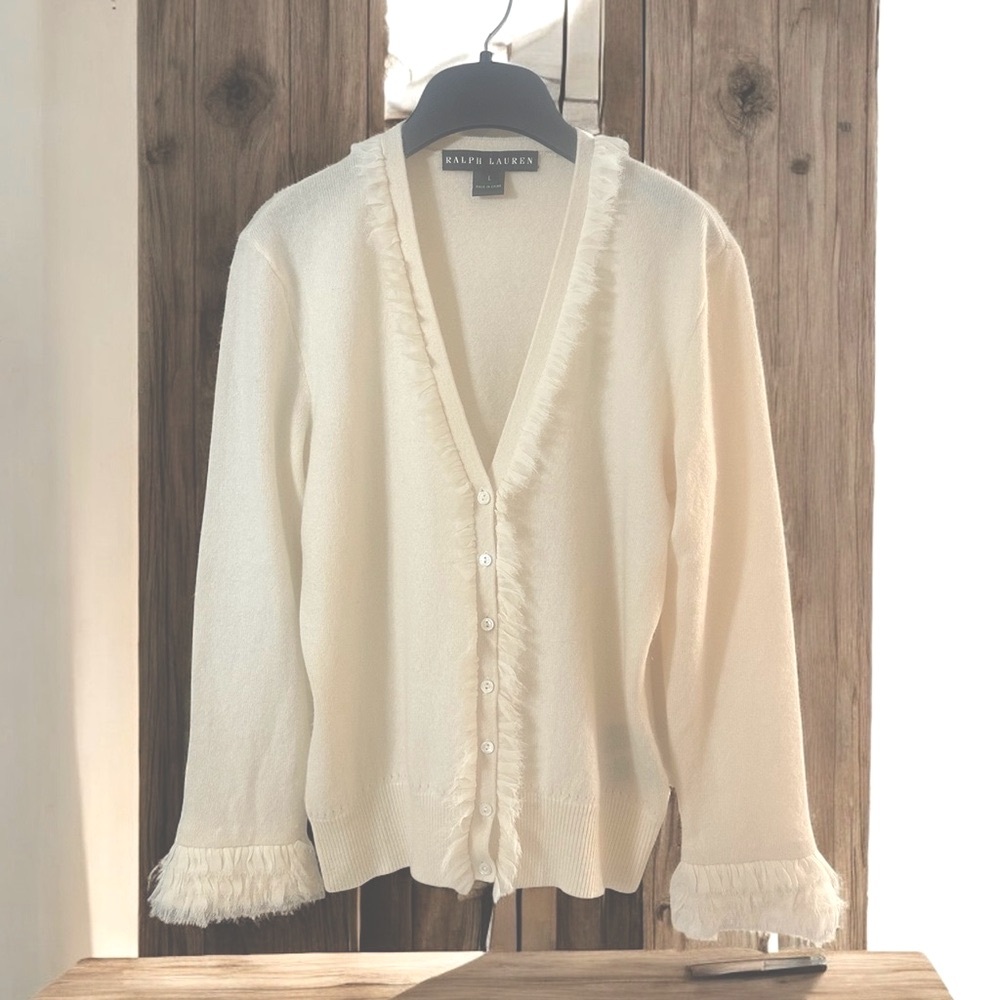 Ralph Lauren Black Label Cashmere V-Neck Ruffled Ivory Cardigan -M-L